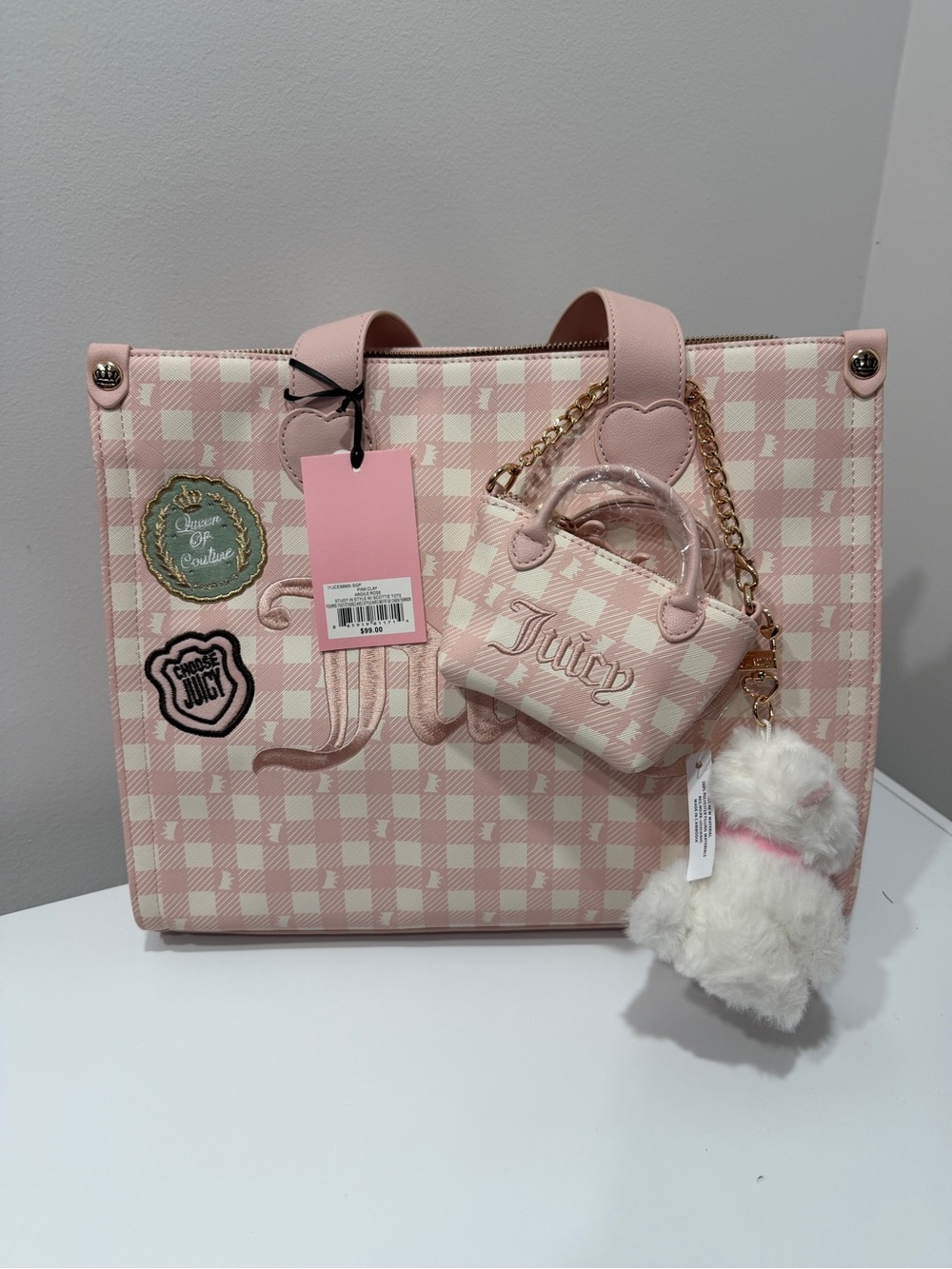 Juicy Couture Pink Checkered Tote with Mini Juicy Charm and Plush Keychain